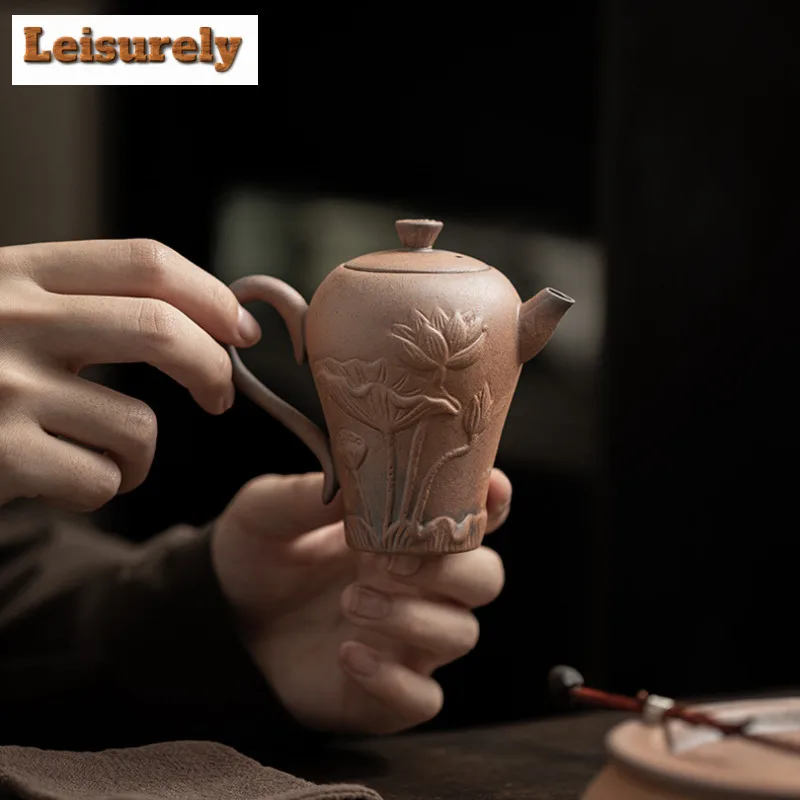 140ml Retro Old Rock Clay Curved Lotus Teapot Aesthetic Tea Infuser Pot Tea Brewing Kettle with Strainer Tea Ceremony Ornaments