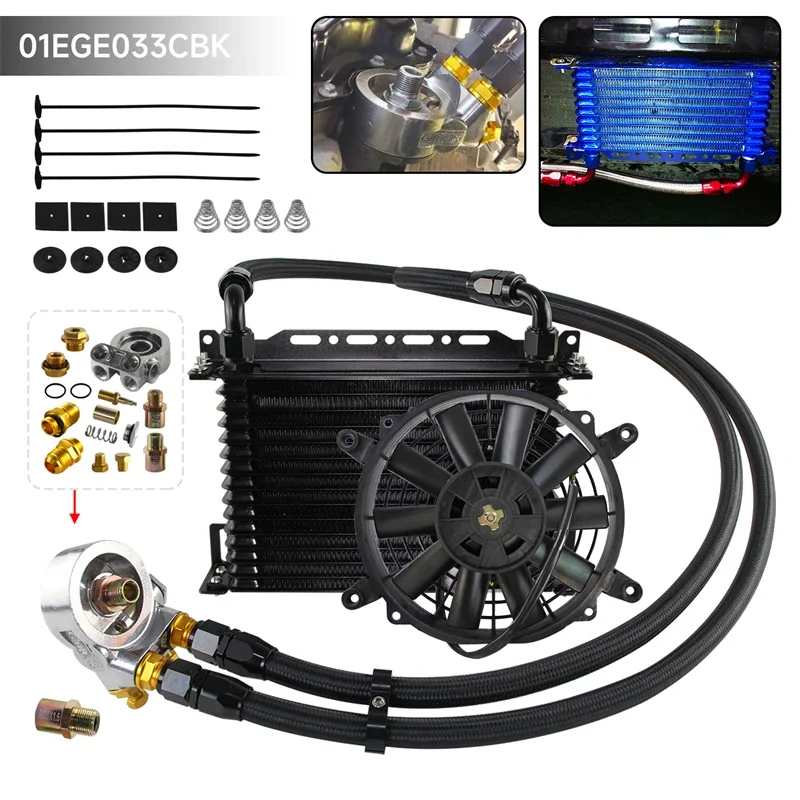 Kit Radiatore Olio A 15 File Con Kit Adattatore Filtro Olio Termostato + Kit Ventola Elettrica Da 7"