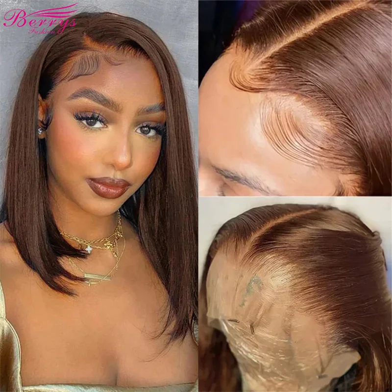 

Berrys Fashion New Chocolate Brown Short Straight Bob Wigs Pre Plucked 13x4/13x6 Lace Frontal Wig Human Virgin Hair for Women