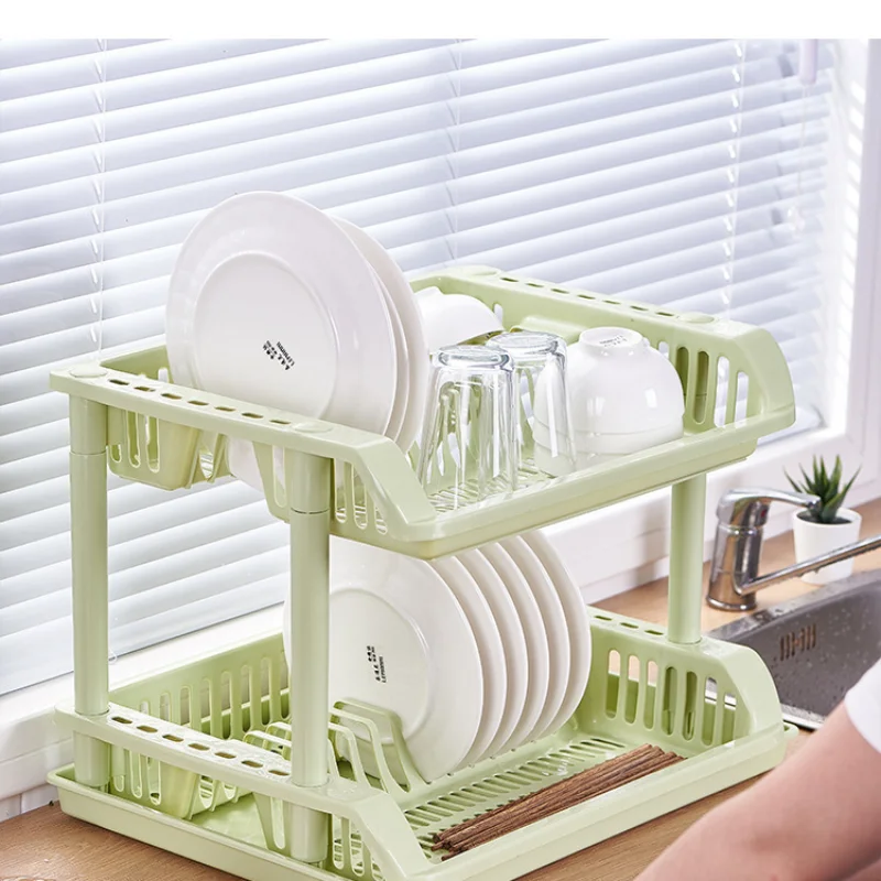 2-Tier Small Dish Drainer with Drain Board Plastic Dish Drying