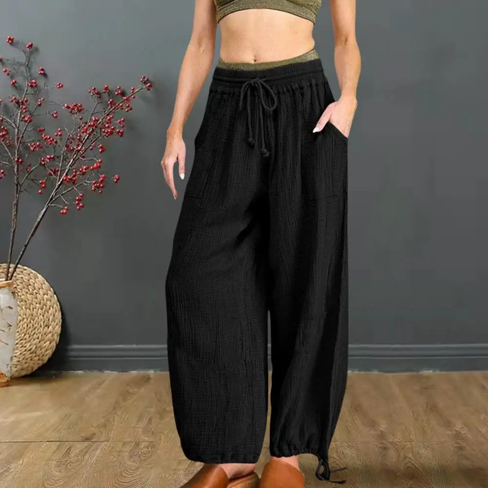 Women Casual Pants Mid-rise Elastic Drawstring Waist Long Trousers Pockets Design Solid Color Wide Leg Pants Streetwear trousers flared womens jeans low rise waist woman pants skinny slim fit bell bottom flare with pockets free shipping aesthetic a