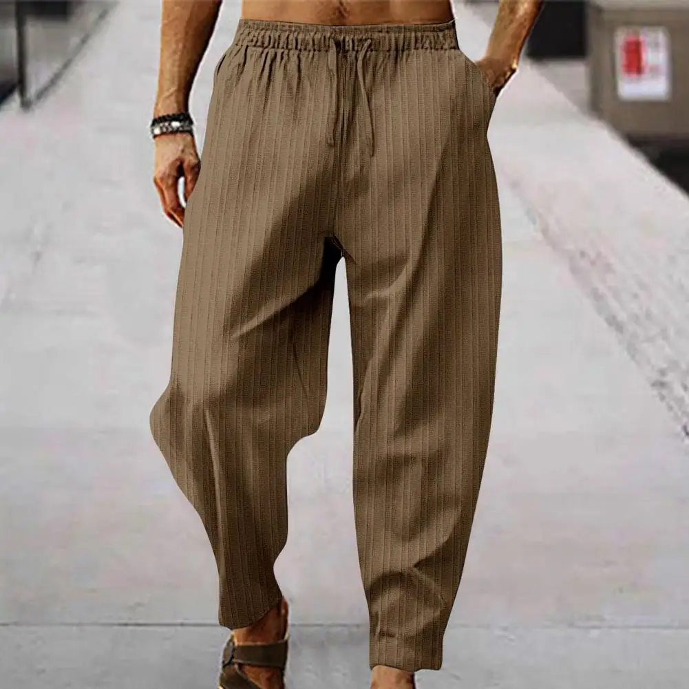 

Elasticated Waistband Pants Men's Wide Leg Striped Sweatpants with Elastic Waist Deep Crotch for Sports Leisure Soft Breathable