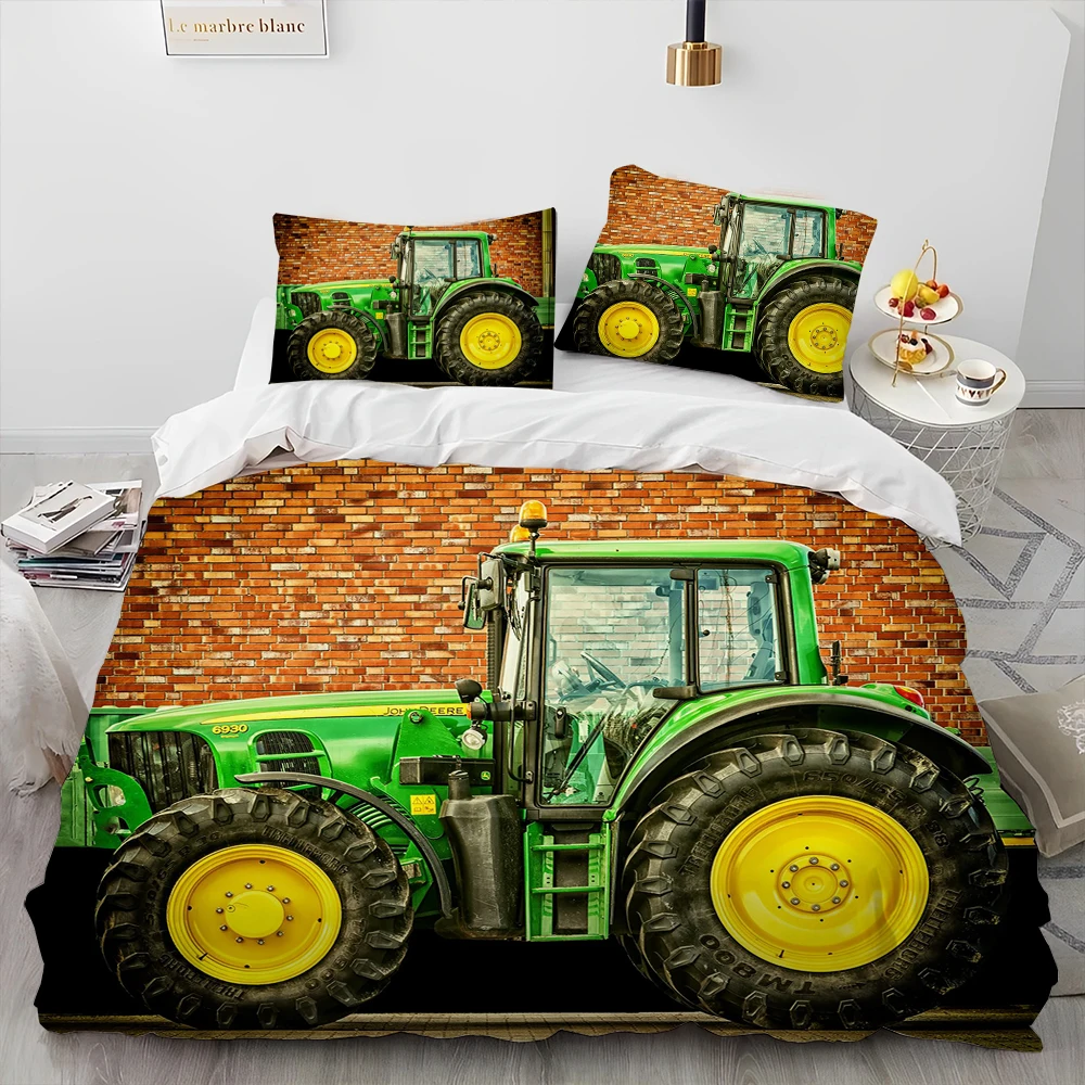 SUUKA Tractor-beddengoed voor kinderen, microvezel, dekbedovertrek kussensloop, 3D beddengoed, groene tractoren, beddengoedsets (A4, 220 x 240 cm 80 x 80 cm x 2