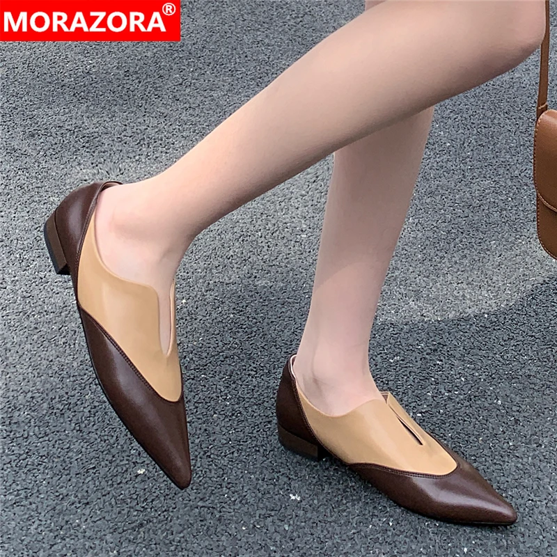 MORAZORA 2024 New Genuine Leather Shoes Women Flats Pointed Toe Mixed Color Flat Shoes Spring Summer Ladies Party Dress Shoes