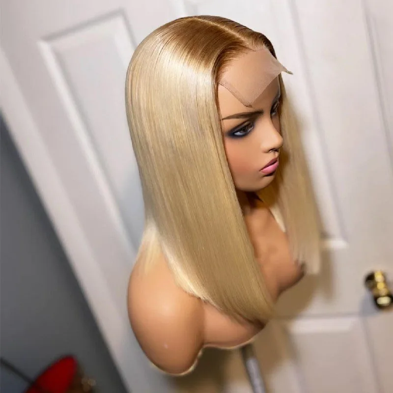 

26 inch Ombre Blonde Long Straight Human Hair Full Lace Wig With Silk Base For Women Deep Brazilian PrePlucked Glueless Wig