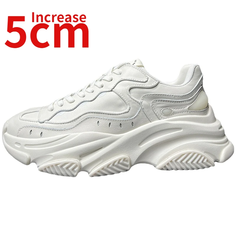 

European Ins Trendy Heavy Craftsmanship Design Men's Shoes Genuine Leather Thick Soles Increase 5cm White Sports Dad's Shoes Man