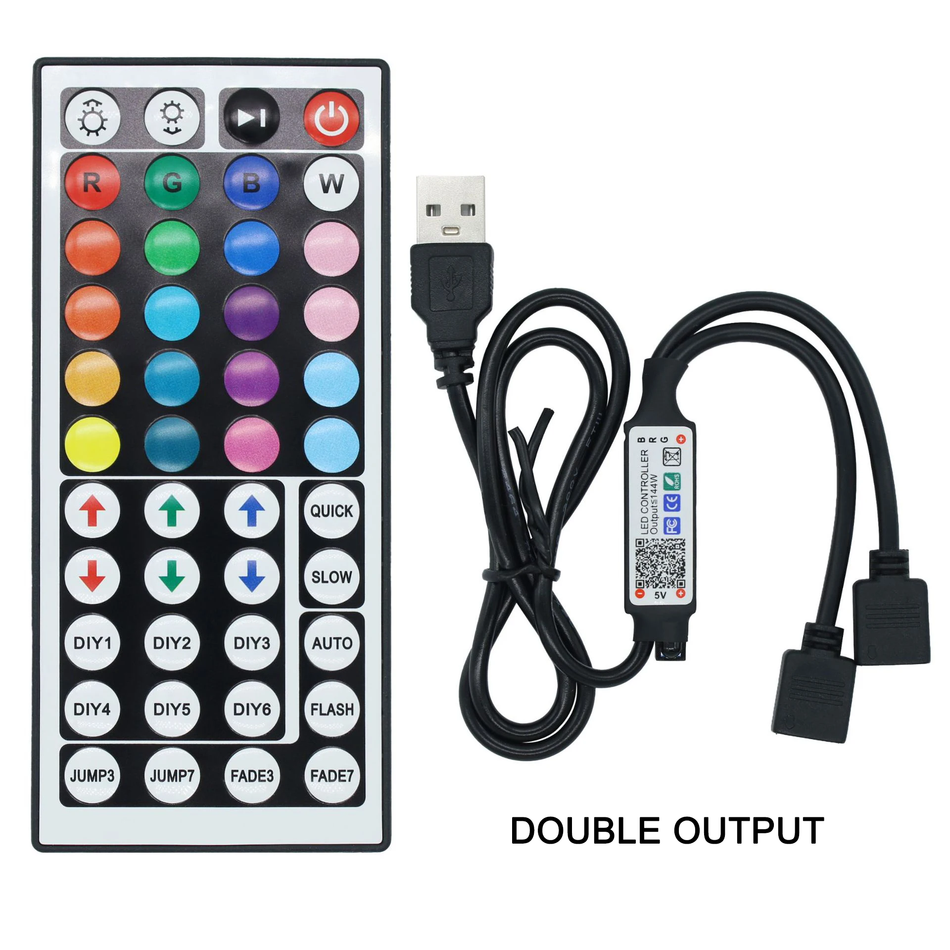 Wireless Bluetooth LED Strip Light Controller with 44-Key Remote and Dual Outputs