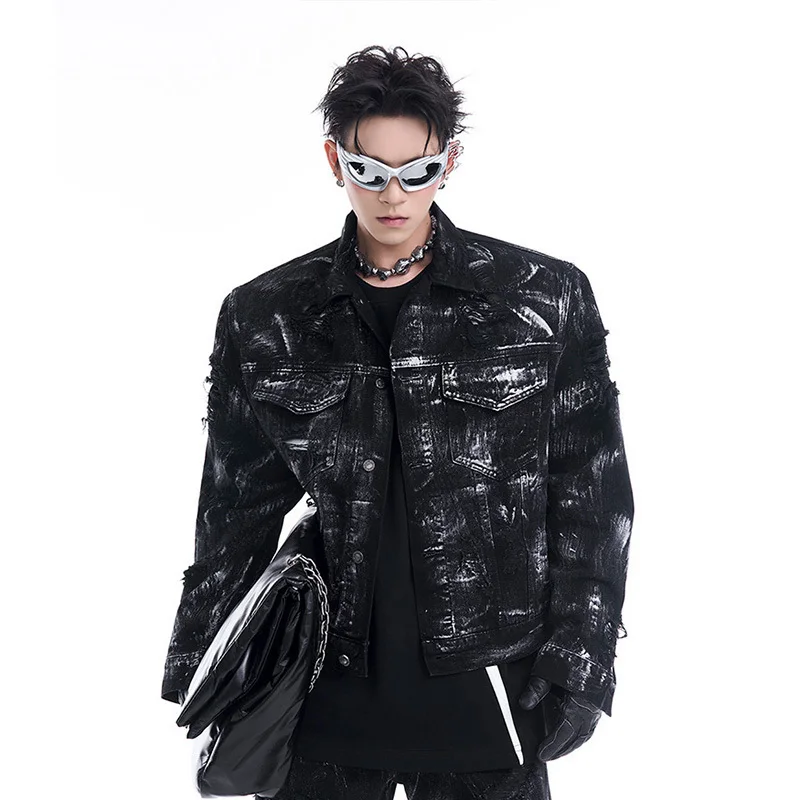 FEWQ Hole Torn Denim Men's Street Jacket Denim Suit 2024 Tie Dye Design Turn-down Collar Long Sleeve Male Sets Fashion 24E1516 3