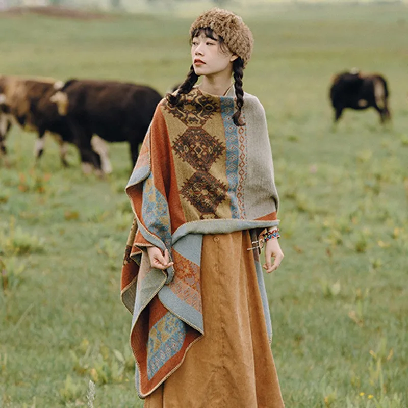

Ethnic Style Large Shawl for Women Imitation Cashmere Cape Thickened Cape Cardigan Coat Travel Photo Warm Autumn Winter 2023