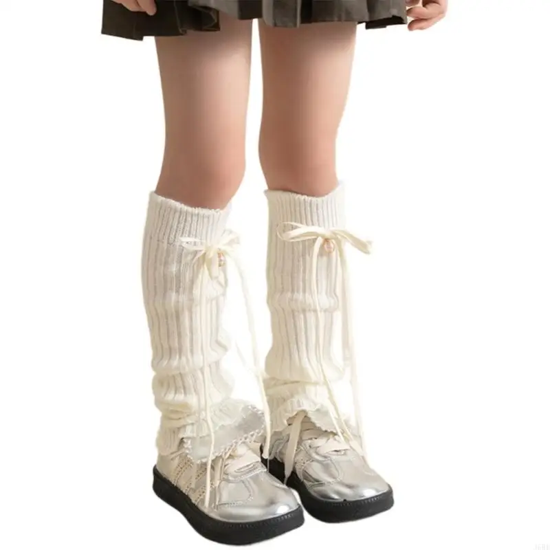 J6BE Knitted Warm Foot Cover Breathable Leg Warmer with Bells and Ribbons Decorations