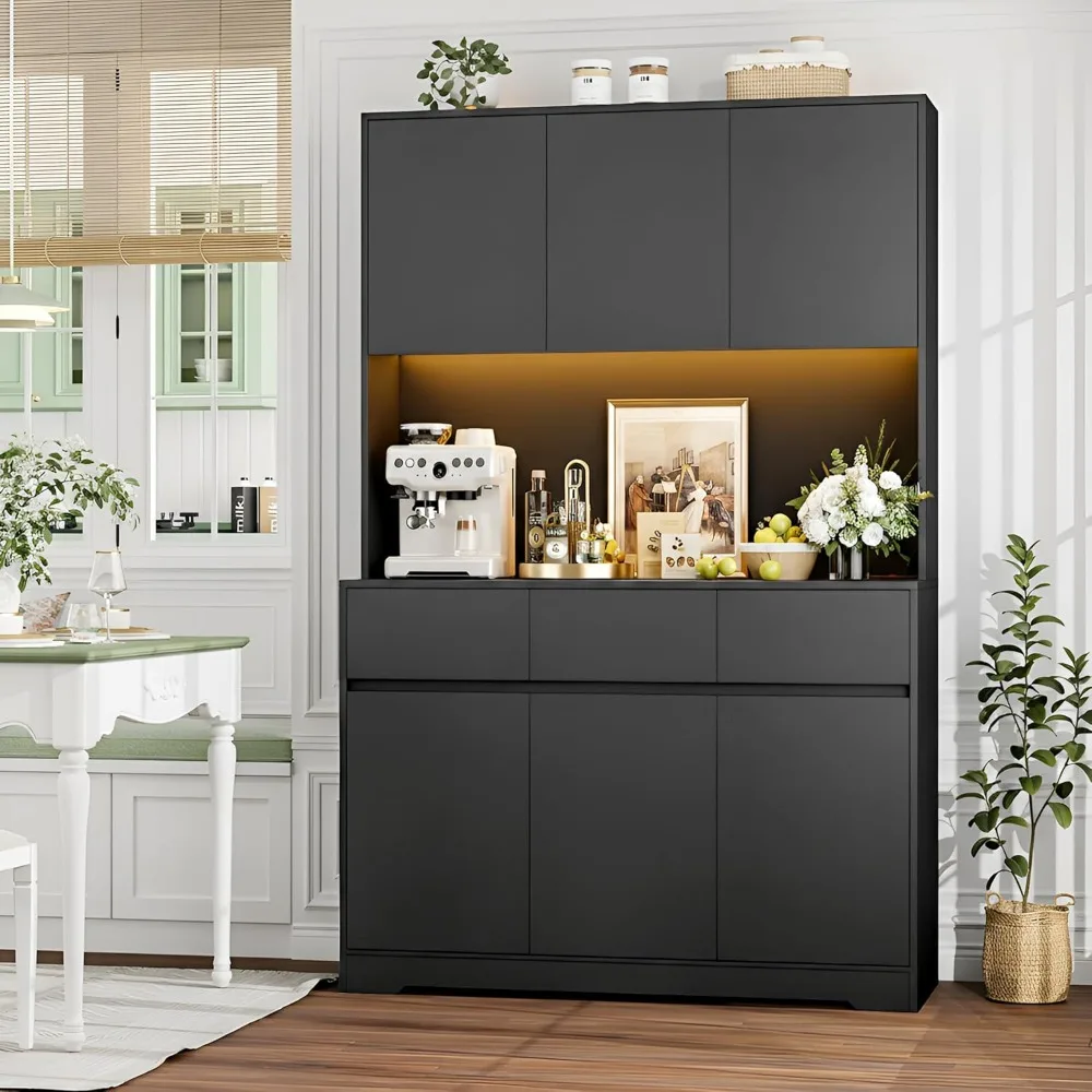 Large Kitchen Pantry Cabinet with Power Outlets, LED Lights, and Microwave Stand, Black Tall Storage Hutch