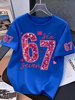 T-shirt pour filles, exclusif Saint-Valentin, avec paillettes, numéro 67, imprimé 3D créatif, t-shirt d'été à col rond pour enfants, vêtements d'extérieur 6