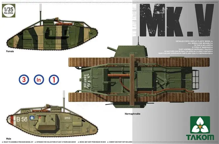 

Takom 2034 1/35 Scale WWI Heavy Battle Tank Mark V (3 in 1 Kit) Tank Plastic Model Kit