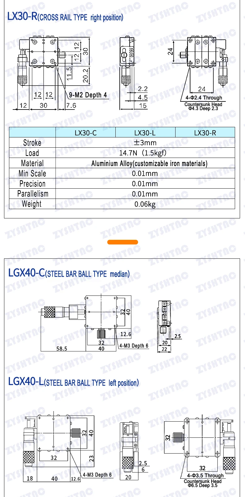 X-Achsen-Plattform mit optischer Verschiebung, Plattform mit hoher Feinabstimmung, Knopf, Mikrometer, Kreuzführungsstufe, LX40/60, LGX40/60, 40 x 40 mm, 60 x 60 m – Detail 5