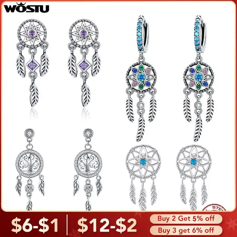 WOSTU 100% 925 Sterling Silver Dream Catcher Dangle Earrings Zircon Fashion Drop For Women Wedding Luxury Jewelry Gifts | Украшения и