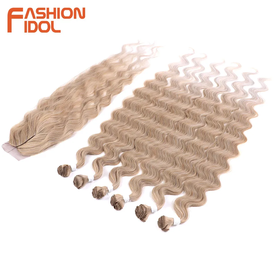 FASHION IDOL 36inch/90cm 320g/7pc Body Wave Hair Synthetic Fake Hair Bundles With Closure Blonde Braid Hair Extensions For Women 2