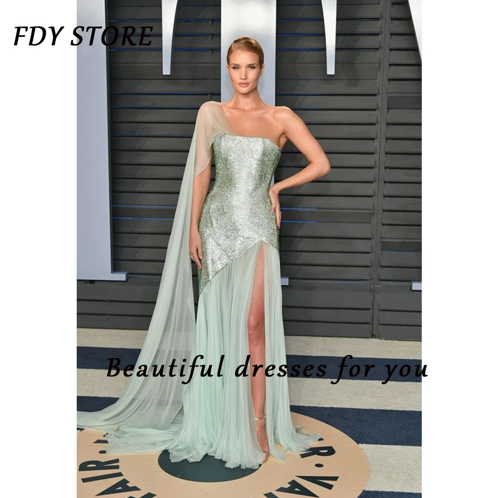 

FDY Store Cocktail Evening One-shoulder Sequins Ruffle Court Train Split Fork Tulle Prom Dress Formal Occasion Party for Women