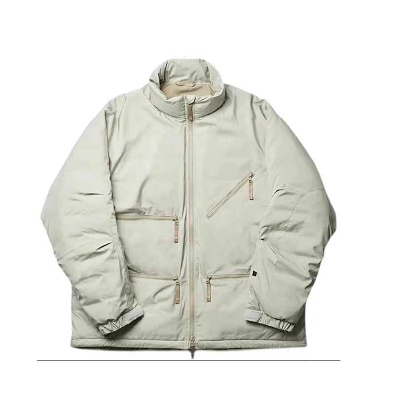 22AW Japan Functional Wind Zipper Multi Pocket Stand Collar White Duck Down Jacket Men Women Medium Length Loose Coat