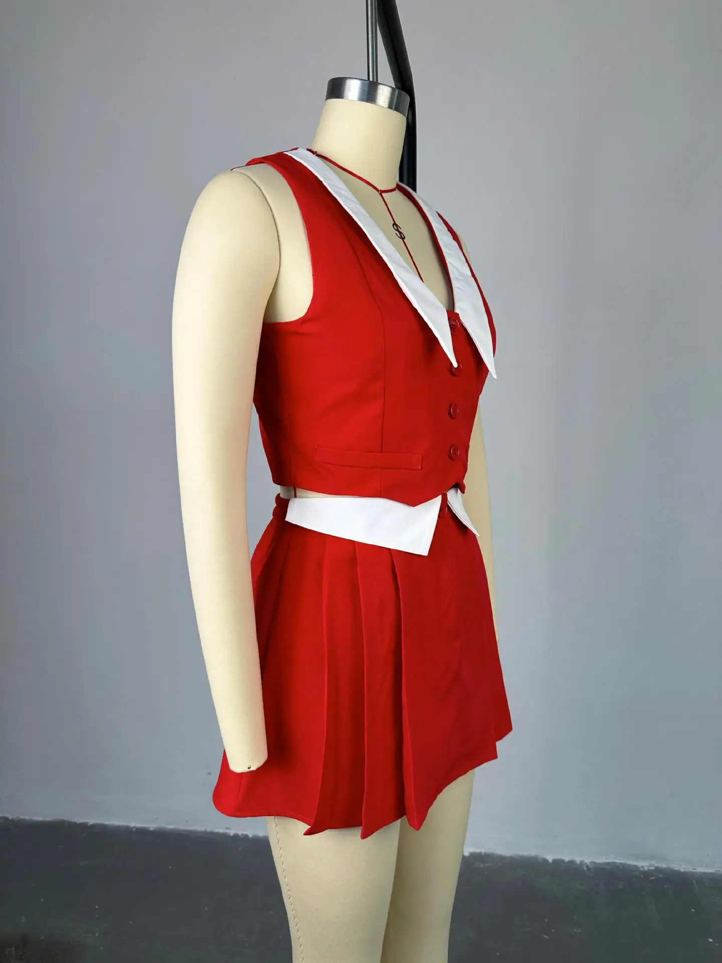 Summer Sexy 2 Piece-Set Skirt Female 2025 V-Neck Sleeveless Vestidos And High Waist Pleated Skirts Sets Women's Clothes