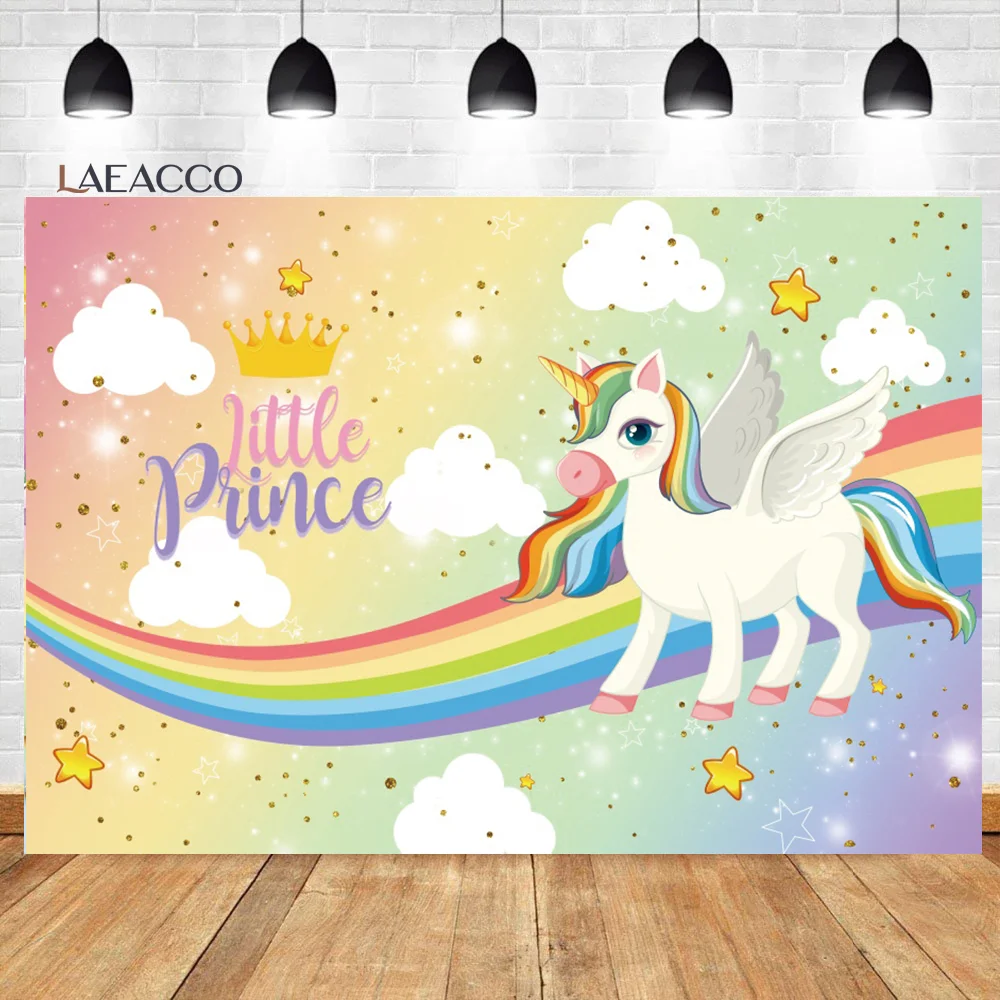Laeacco Unicorn Birthday Party Backdrops Rainbow Clouds Stars Flowers Light Bokeh Newborn Baby Shower Photography Backgrounds for photo backdrop