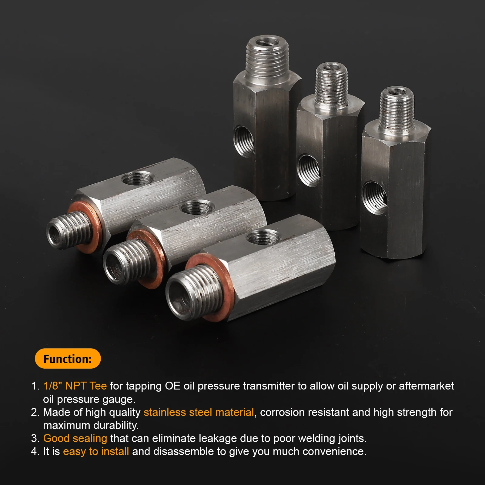 CNSPEED Stainless Steel Side Holes Oil Pressure Sensor Connector 1/8"NPT Female To M12 M10 M14 Feed Line Gauge Tee Adapter 3