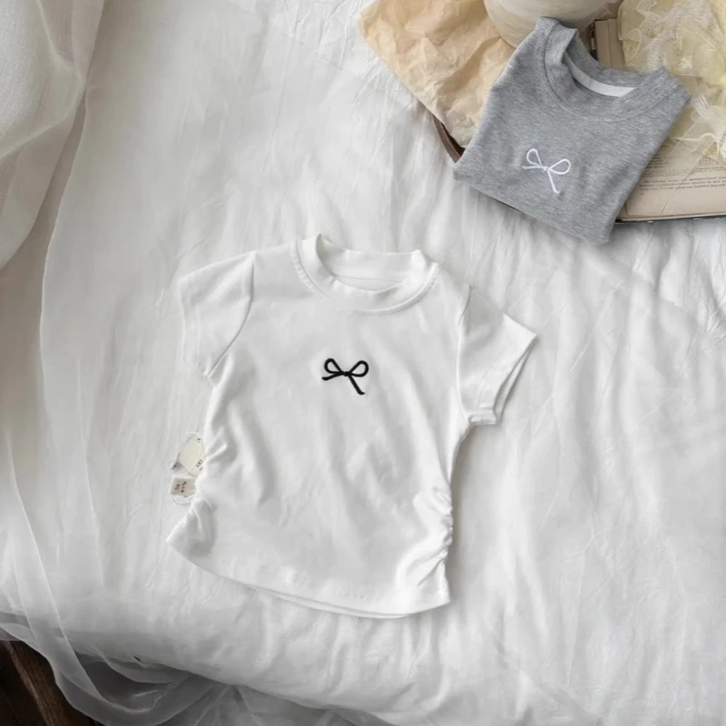 2-12Y Girls' Short Sleeved T-shirt Pure Cotton 2025 Summer New Kids Shirts Korean Children's Baby Embroidery Bow Slim Fit Tops 6
