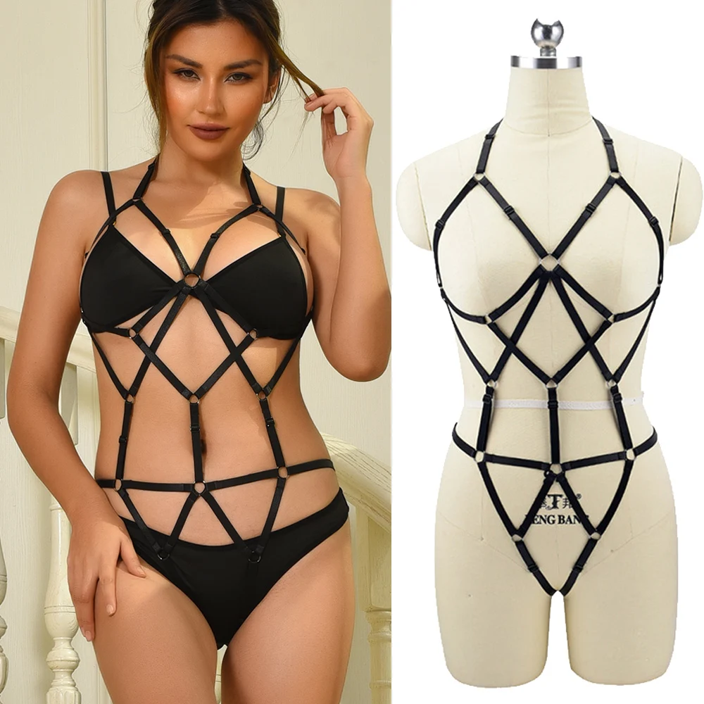 Sexy Black Women Full Body Top Cage Harness Set Cage Straps Reggiseno Body Leg Cinture Goth Harajuku Bdsm Accessori Sexy Giarrettiere Cinture