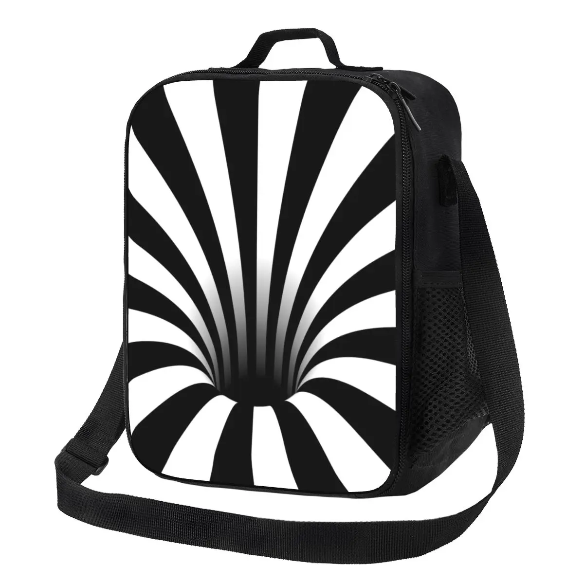 

Abstract Black Hole Thermal Insulated Lunch Bags Optical Illusion Black And White Lines Portable Lunch Tote for