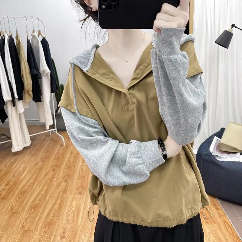 Spring Autumn Contrast Color Fashion Long Sleeve Hoodies Women High Street Button Drawstring Pullovers Elegant All-match Tops