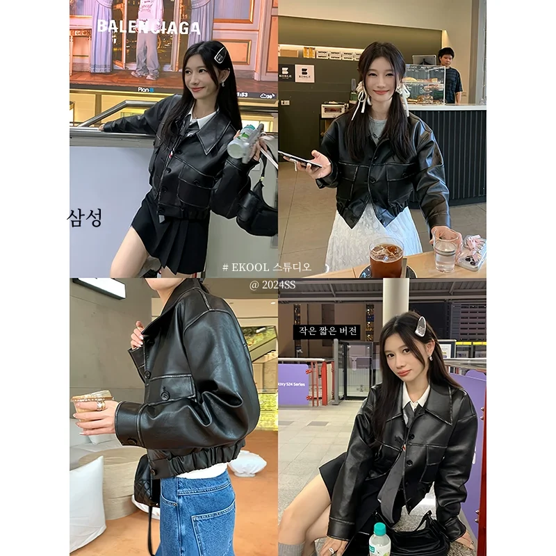 Ecool 오토바이 스타일 소녀 블랙 PU 가죽 코트 겉옷 여성 2024 새 봄 짧은 느슨한 오토바이 가죽 재킷