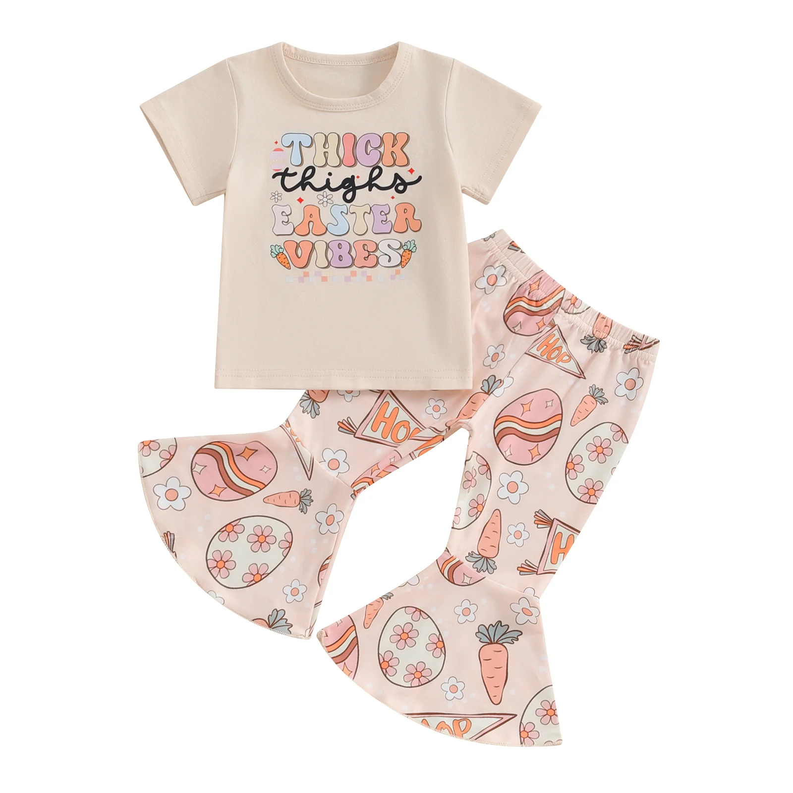 

Baby Girls Easter Outfit, Letters Print Short Sleeve T-shirt with Carrot Eggs Print Flare Pants 2-piece Outfit