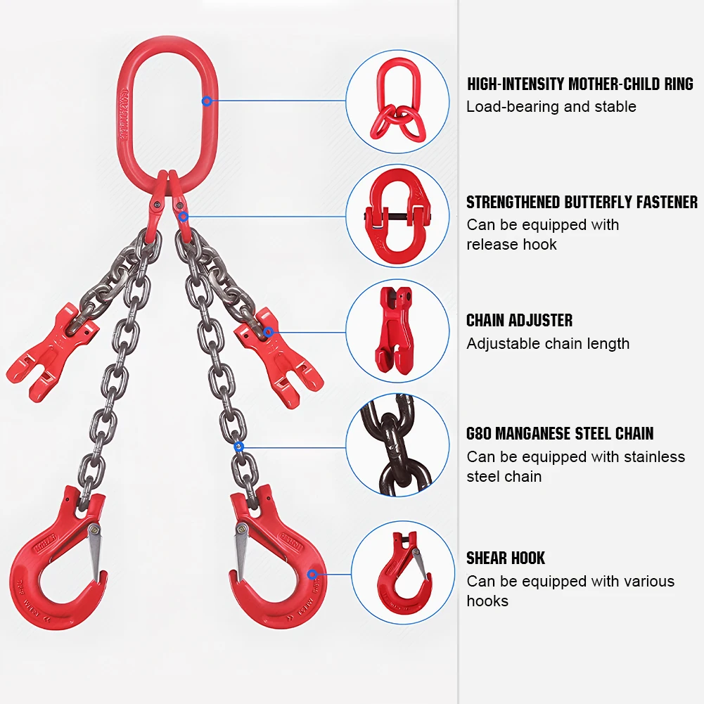 4 Point Lift Chains Rigging with Grab Hook 4-Strand Chain Hanger Combination Lifting Chain 4 Leg Chain Sling for Large Cargo