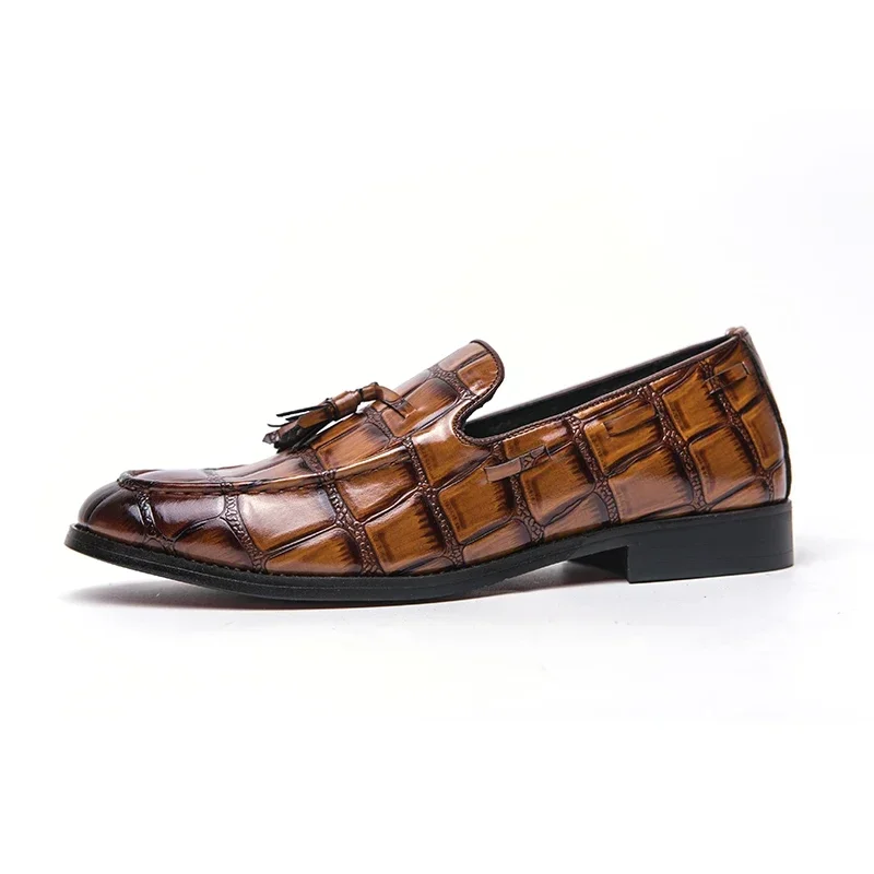 

New Red Sole for Men Brown Yellow Slip-On Round Toe Solid Tassels Stone Pattern Business Men's Formal Shoes