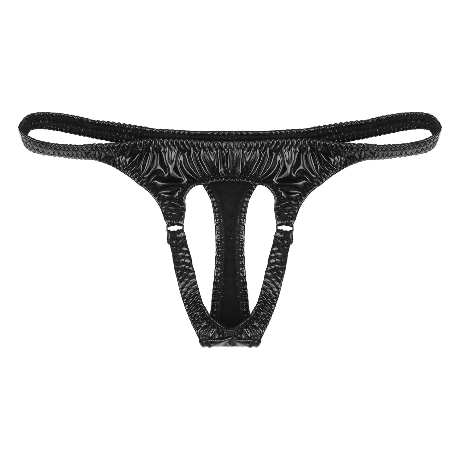 Mens Hollow Out Front Thongs Panties Wet Look Patent Leather G-String Underwear Low Rise Elastic Waistband T-back Underpants