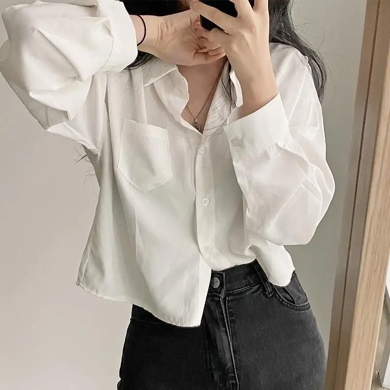 Simple Single Breasted Loose Solid Long Sleeved Shirt And Blouse OL Trend Short Top Simple Elegant New In Clothes Casual Fashion