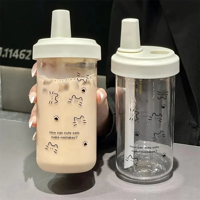 New Plastic Water Bottle For Girls With Straw Lid Bubble Milk Tea Plastic Cup Simple Outdoor School Straw Drinking Water Bottles 4