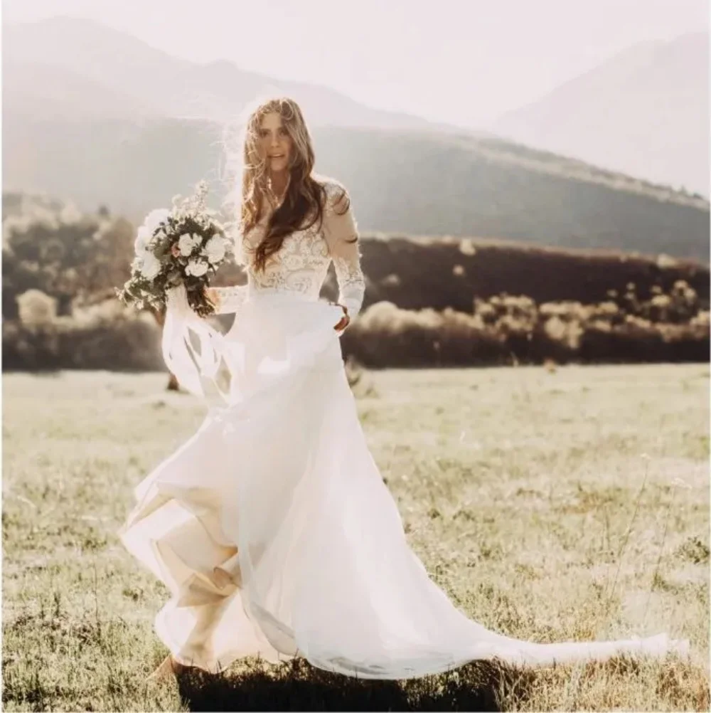 

Lace Appliques O-Neck Wedding Dress Boho Country Bridal Gown Long Sleeve A-Line Chiffon Long Wedding Party Dress Robes de mariée