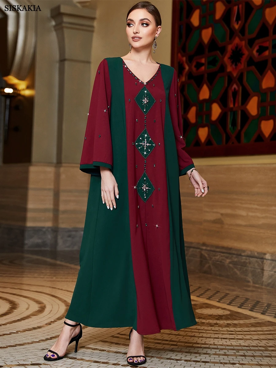 

Siskakai Pure Handwork Diamonds Contrast Color Daily Casual Chiffon Abaya Jalabiyat Long Sleeve V-Neck Dress Saudi Clothing