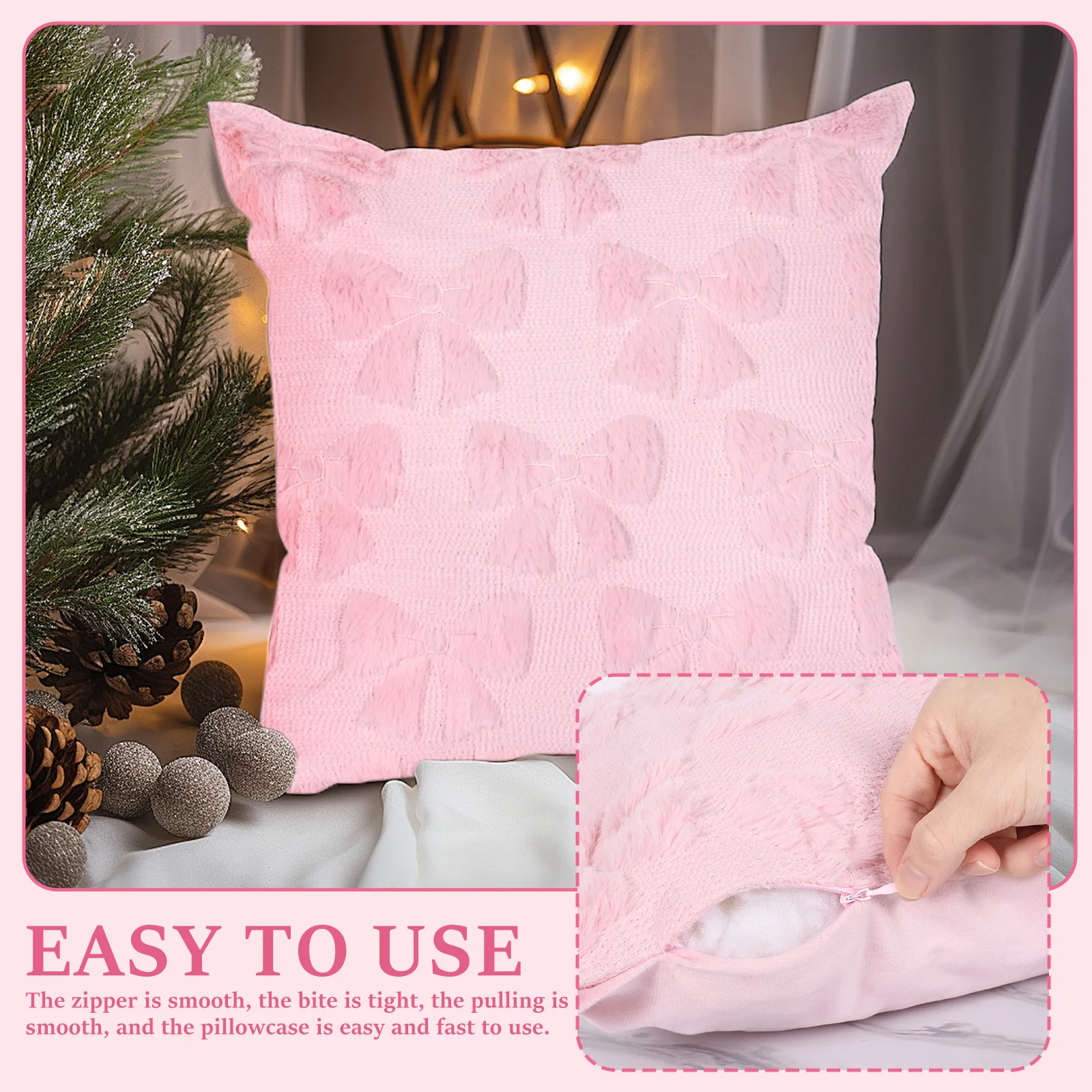 4Pcs Bow Throw Pillow Cover Plush Bowknot Square Pillow Cover 17.7 inch Sofa Pillowcase Home Decoration Accessories White/Pink