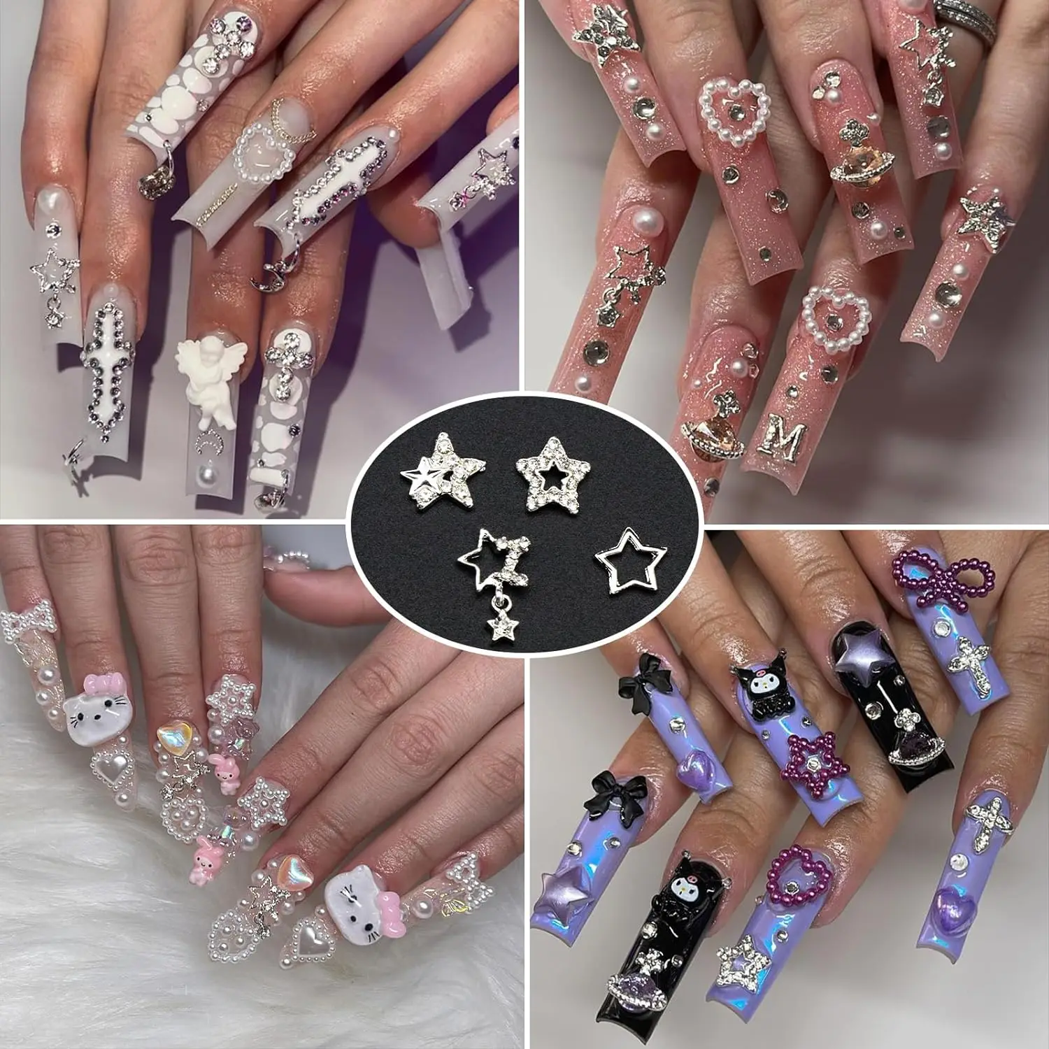 30PCS Star Nail Charms 3D Alloy Nail Art Charms 4 Styles Silver Stars Nail Rhinestones Crystal Pentagram Nail Gems for DIY Craft 3