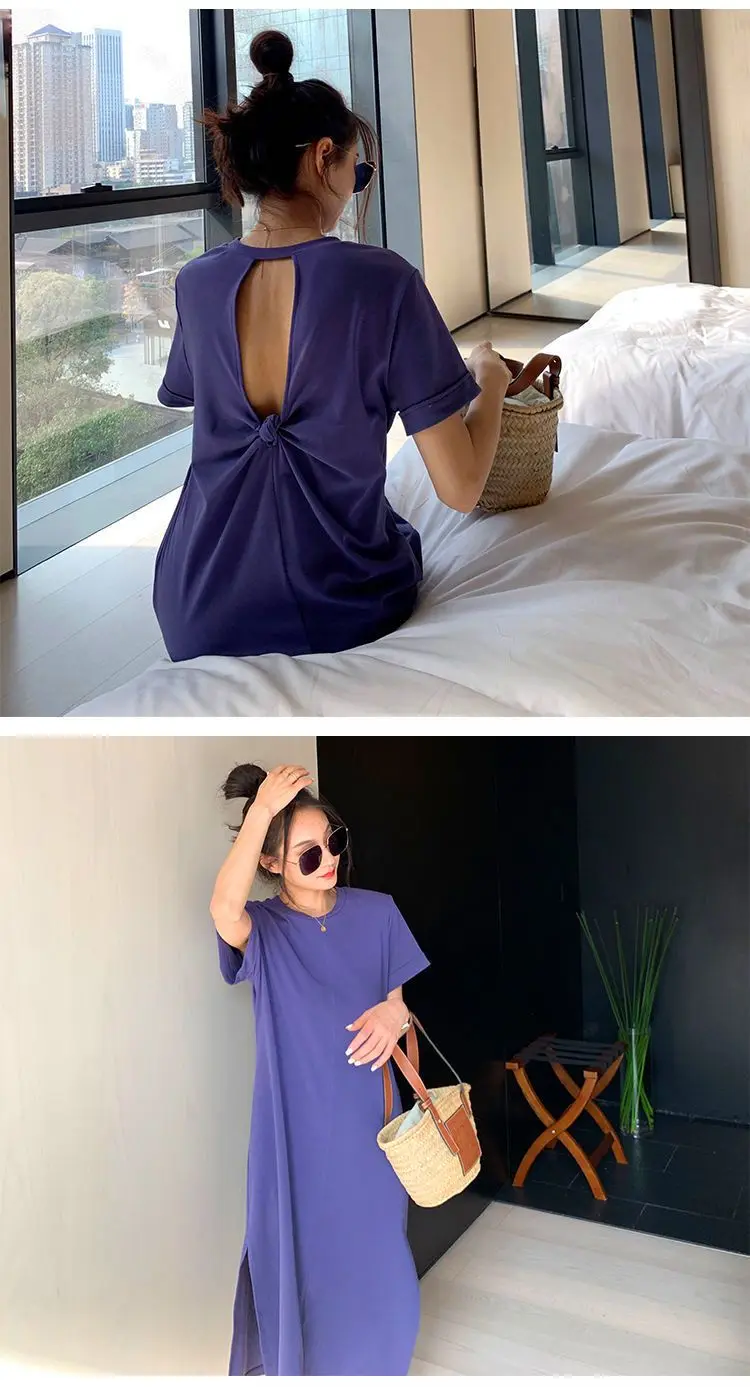 Casual Backless T Shirt Dress Summer New Round Neck Short Sleeve Solid Color Loose Midi Dress Fashion Trend Women Clothing
