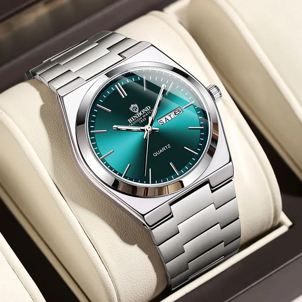 BINBOND Luxury Men's Waterproof Luminous Date & Day Quartz Stainless Steel Watch