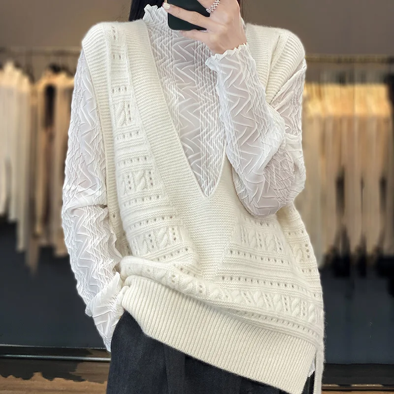 

100% Wool Sweater Knittingt Vest Women Hollow Out Tops Loose Pullover Jumper Solid Waistcoat Spring Autumn Korean Y2k Clothing