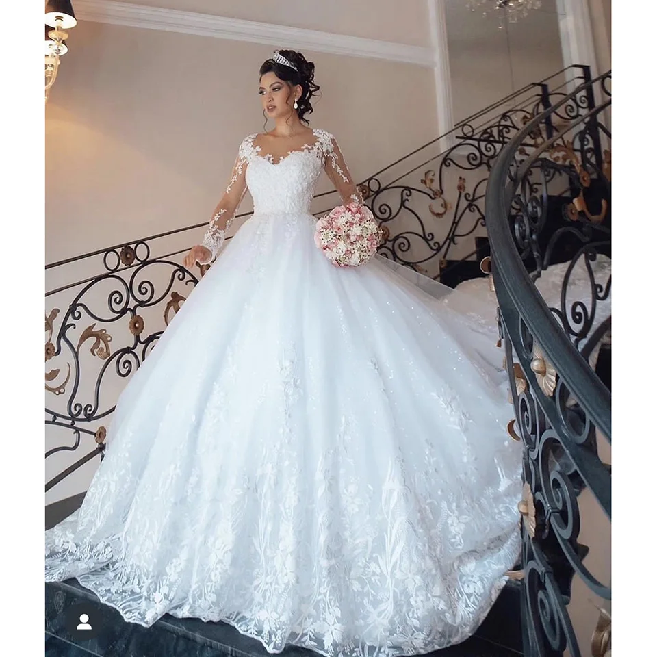 Customized White O-Neck Appliques Wedding Dress 2026 Ball Gown Floor Length Sweep Train Tulle Zipper Custom Made Bridal Gown