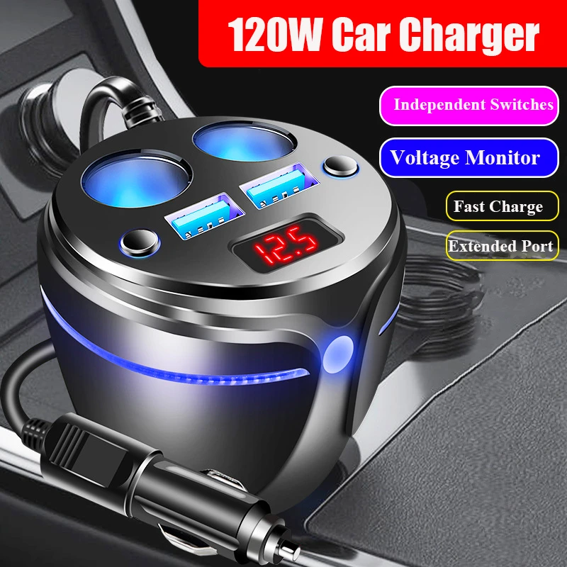 120W Car Cigarette Lighter Charger Fast Charing with 2Sockets 2 USB