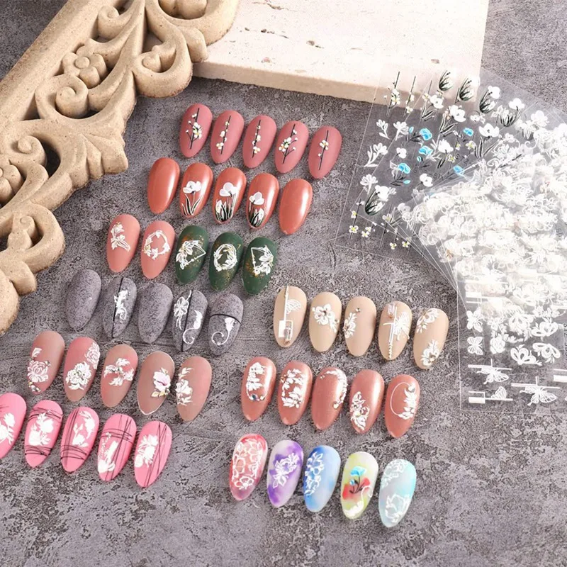 5D Embossed Flower Nail Art Stickers 4 Sheets Self-Adhesive Decals Floral Design Nail Decoration For Women Girls Durable