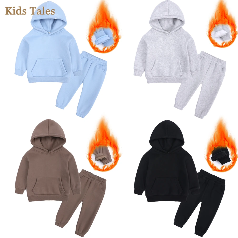 Winter Children Boys Girls Fleece Hoodie Outfits Toddler Sweatshirt+Sweatpants Tracksuit 1-9Y 2Pieces Warm Clothes