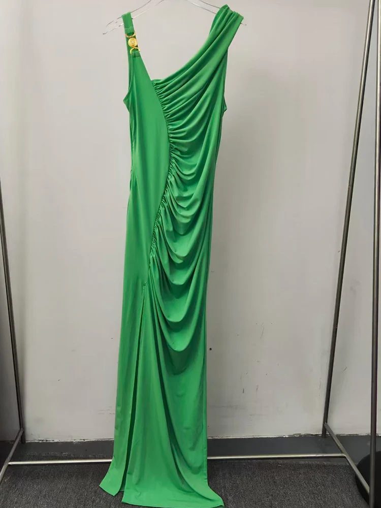 فستان حرير طويل مطوي بكتف واحد