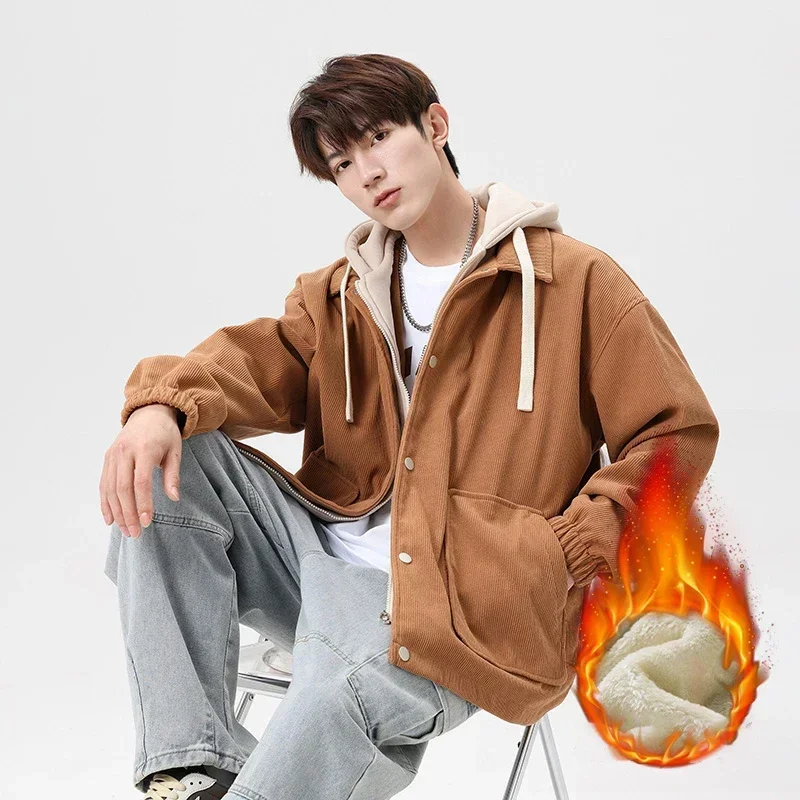 Cotton-padded Jacket Men's Winter 2023 Baseball Hoodie Jacket Men's Hipster Overalls Street Hip-hop Top Fake Two Casual Clothes
