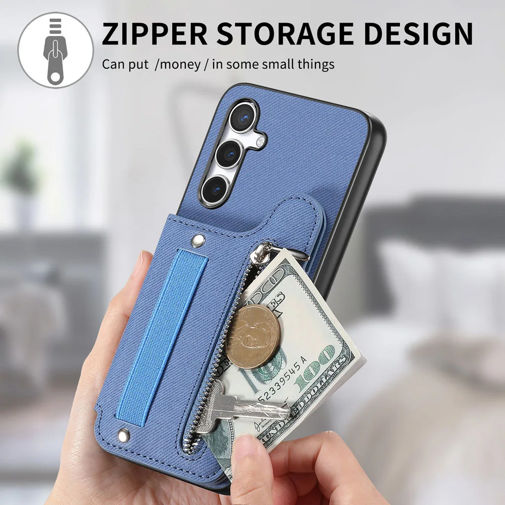Zipper Card Slot Leather Wallet Case with Elastic Rope Wrist Strap